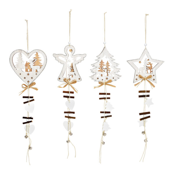 Para colgar navideña, decoración de bosque invernal, corazón, ángel, árbol, estrella, de madera natural, cuádruple, (ancho/alto) 13 x 56 cm