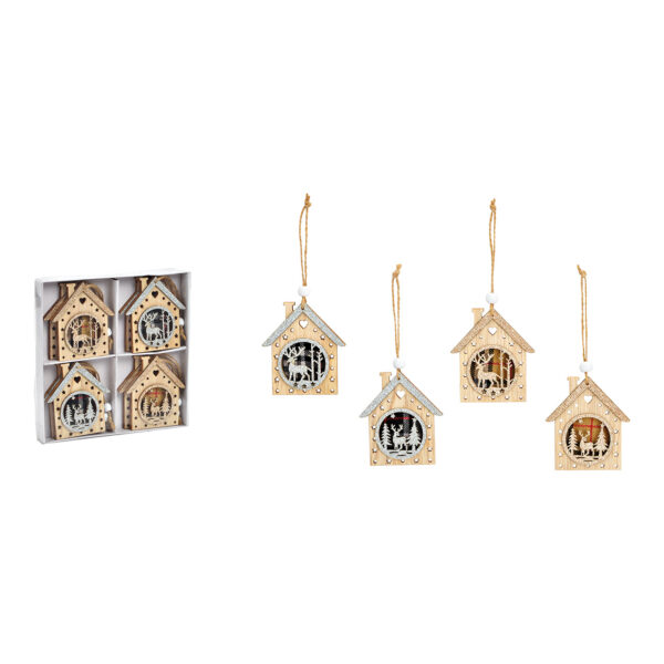 Juego de Para colgars navideñas, casa, decoración de bosque invernal, 7 x 8 cm, de madera, juego de 8 piezas