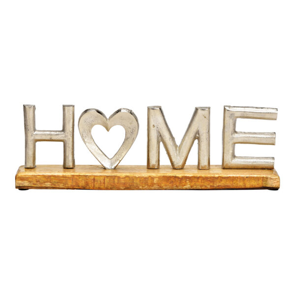 Letra HOME sobre base de madera de mango, realizada en metal color plata (An./Al./Pr.) 33x10x5cm
