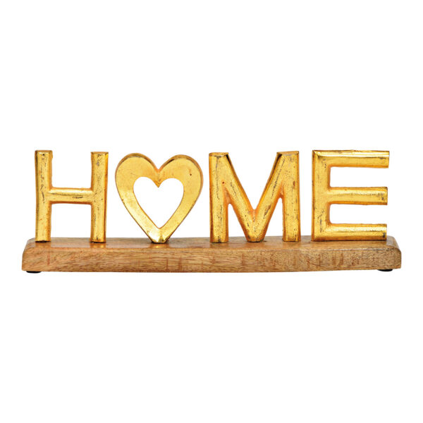 Letras HOME sobre base de madera de mango de metal dorado (ancho/alto/profundidad) 33 x 10 x 5 cm