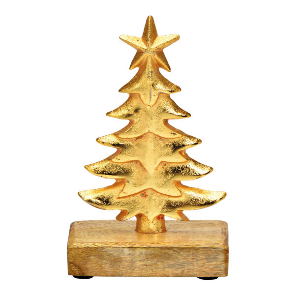 Árbol de Navidad sobre base de madera de mango, fabricado en metal dorado (An./Al./Pr.) 10x16x5cm