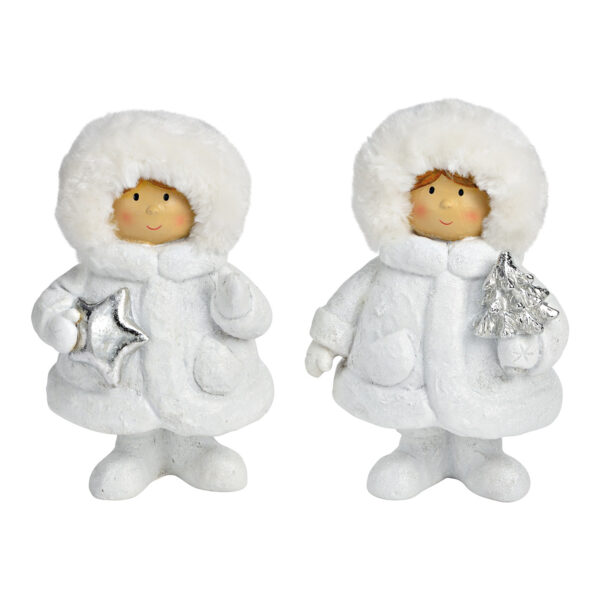 Niño de invierno con purpurina de poli, peluche blanco doble, (ancho/alto/profundidad) 13x20x10cm