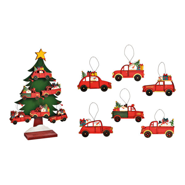Para colgar navideña con forma de coche de Navidad, 48 unidades, sobre soporte para árbol, 35 x 60 x 12 cm, de madera, de colores, 6 unidades, (ancho x alto) 14 x 8 cm