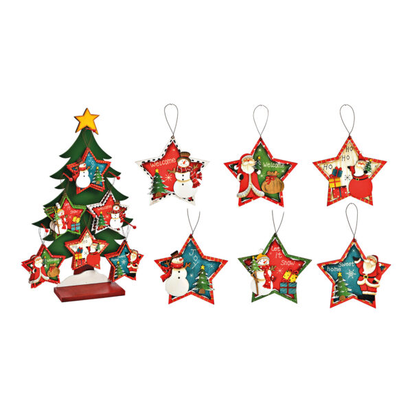 Para colgar navideña con forma de estrella, Papá Noel, muñeco de nieve, 48 piezas, sobre soporte para árbol, 35 x 60 x 12 cm, de madera, de colores, 6 compartimentos, (ancho x alto) 14 x 14 cm