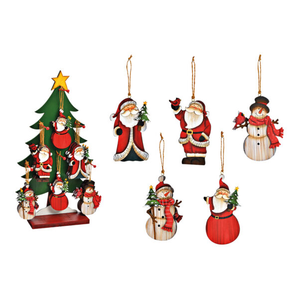 Para colgar navideña Papá Noel, muñeco de nieve, 48 uds. en soporte para árbol 30x54x10cm de madera Colorido 5 surtido, (An./Al./Pr.) 7x12x1cm