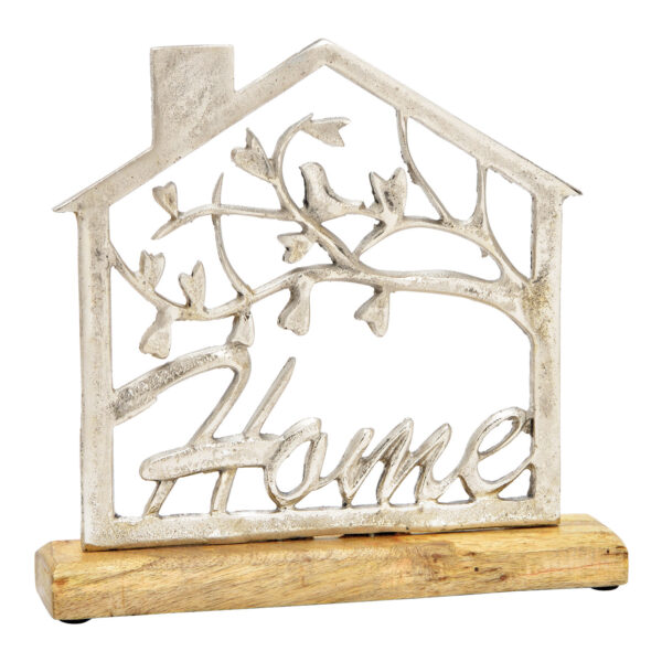 Casa, letras, Home, sobre base de madera de mango, fabricada en metal plateado (An./Al./Pr.) 25x24x5cm
