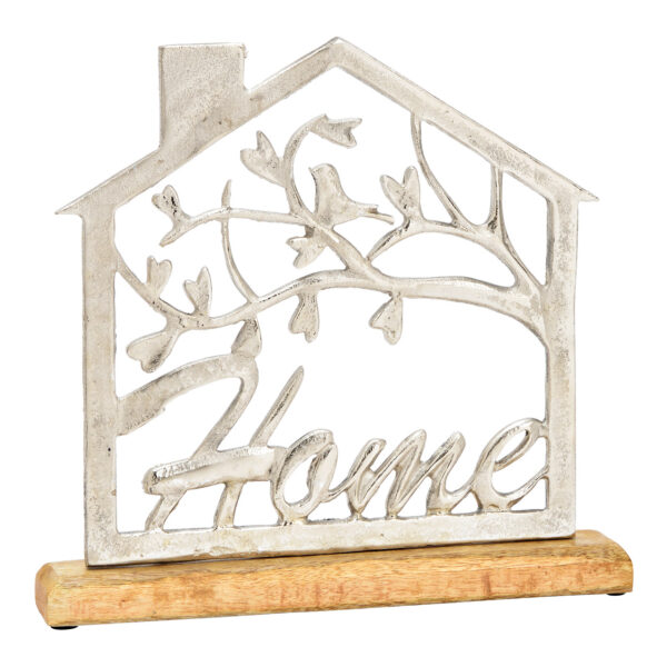 Casa, letras, Home, sobre base de madera de mango, realizada en metal color plata (An./Al./Pr.) 30x29x5cm
