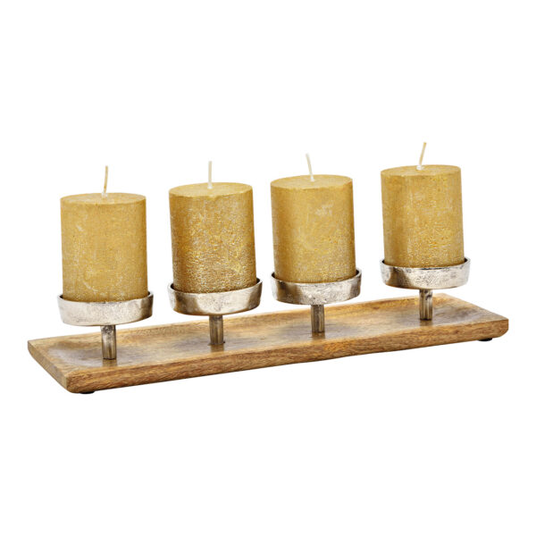 Candelabro de metal con arreglo de Adviento, madera de mango plateada (An./Al./Pr.) 38x6x12cm