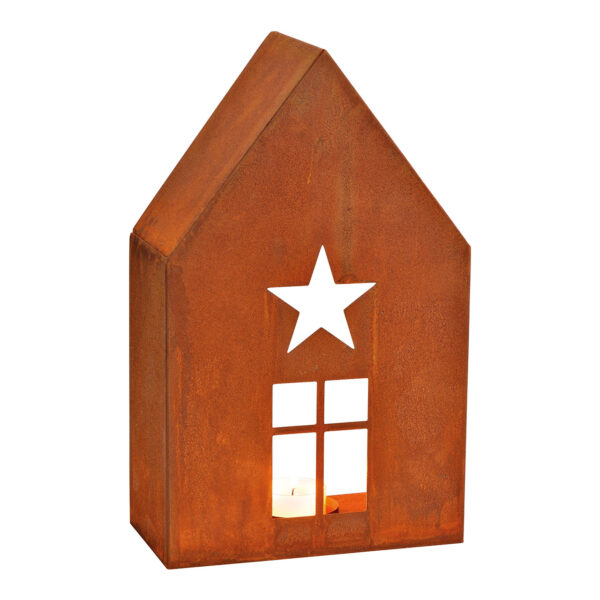 Casita con faroles de viento, acabado oxidado, fabricada en metal marrón (An./Al./Pr.) 17x28x9cm