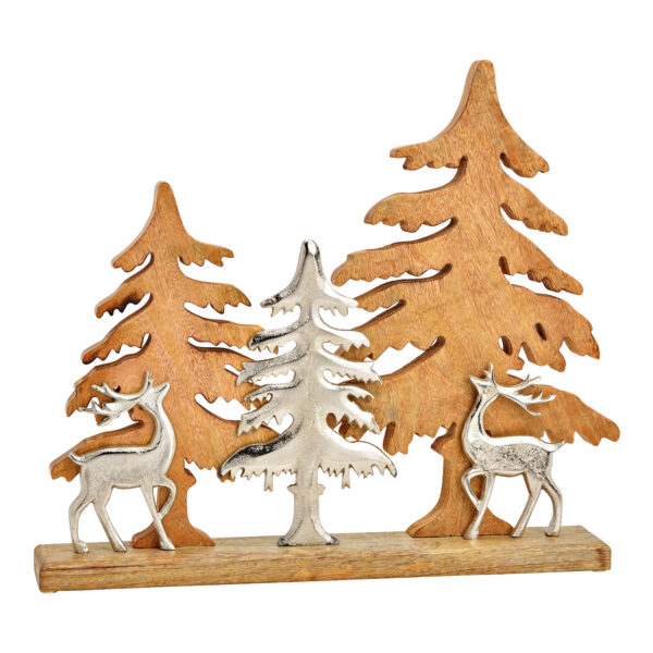 Árbol de Navidad con ciervo de metal, decoración de árbol, fabricado en madera de mango natural (An./Al./Pr.) 48x42x7cm