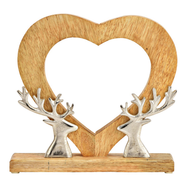 Corazón con decoración de cabeza de ciervo de metal, fabricado en madera de mango natural (An./Al./Pr.) 26x26x6cm