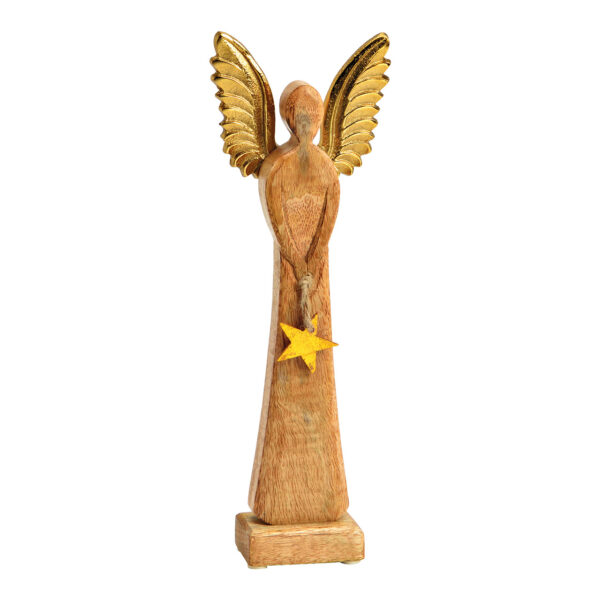 Ángel con alas de metal, colgante estrella madera de mango marrón, dorado (An./Al./Pr.) 12x34x6cm