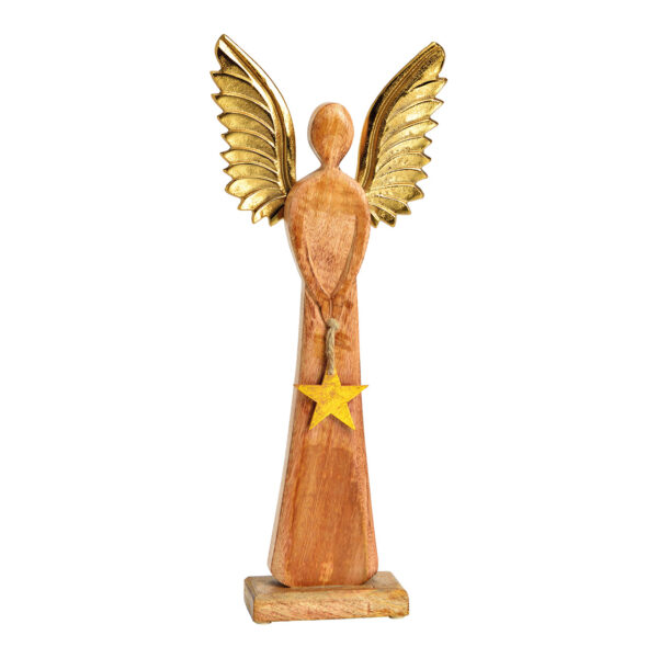 Ángel con alas de metal, colgante estrella madera de mango marrón, dorado (An./Al./Pr.) 17x45x6cm