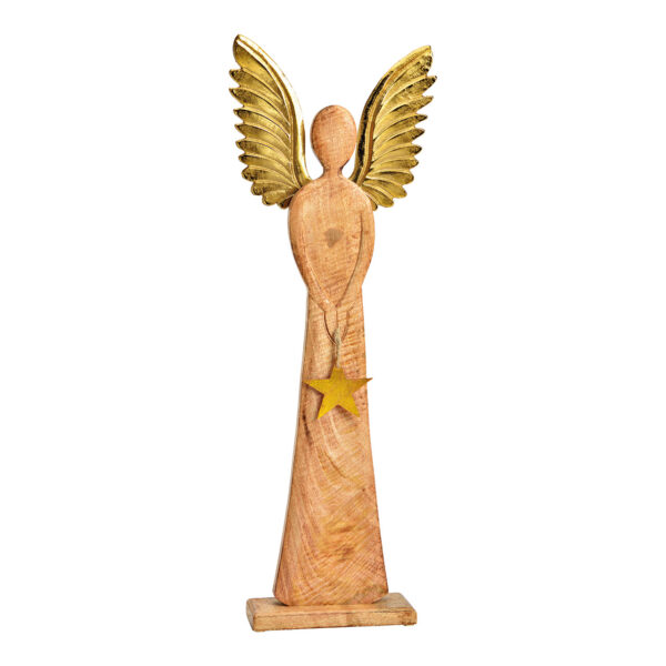 Ángel con alas de metal, colgante estrella madera de mango marrón, dorado (An./Al./Pr.) 23x70x8cm