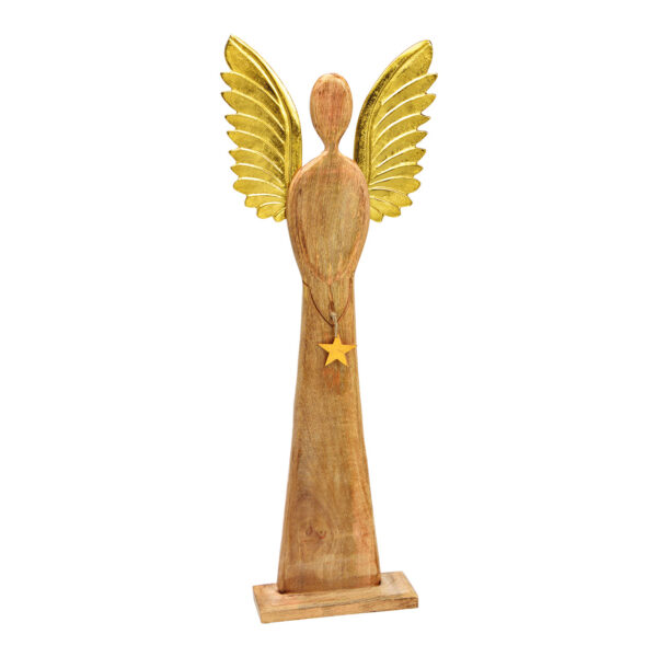 Ángel con alas de metal, colgante estrella, fabricado en madera de mango marrón, dorado (An./Al./Pr.) 45x115x13cm