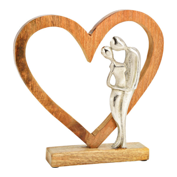 Corazón con amantes de metal, fabricado en madera de mango marrón (An./Al./Pr.) 27x27x5cm