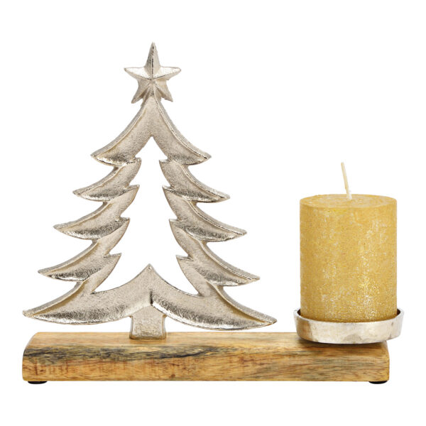 Portavelas árbol de Navidad, sobre base de madera de mango, fabricado en metal plateado (An./Al./Pr.) 27x24x5cm