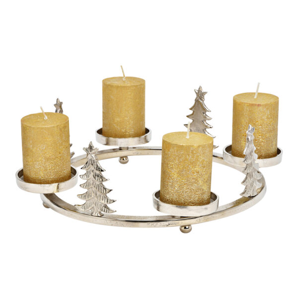 Corona de Adviento, portavelas, decoración para árbol de Navidad de metal plateado (ancho x alto x profundidad) 40 x 13 x 40 cm