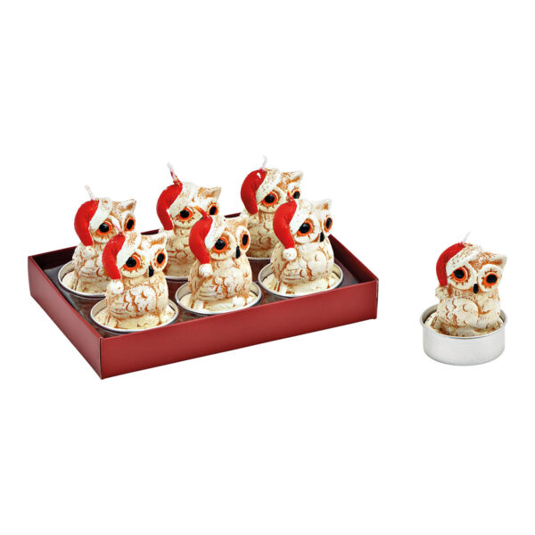 Juego de velas de té con forma de búho, decoración navideña, 4 x 6 x 4 cm, fabricado en cera blanca, juego de 6 unidades, (ancho x alto x profundidad) 14 x 6 x 11 cm