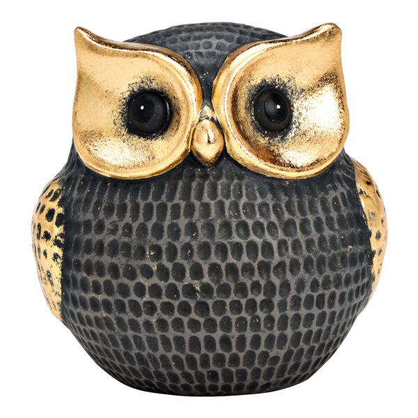 Búho de arcilla negro, dorado (An./Al./Pr.) 13x14x11cm