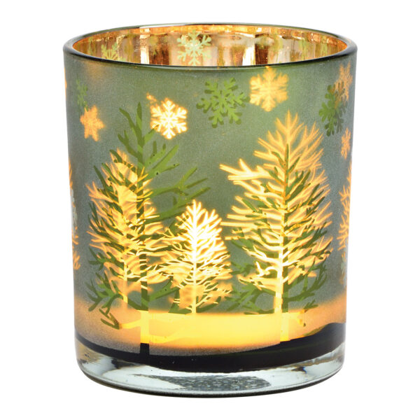 Decoración de bosque invernal con luz de viento, de cristal verde (ancho x alto x profundidad) 9 x 10 x 9 cm