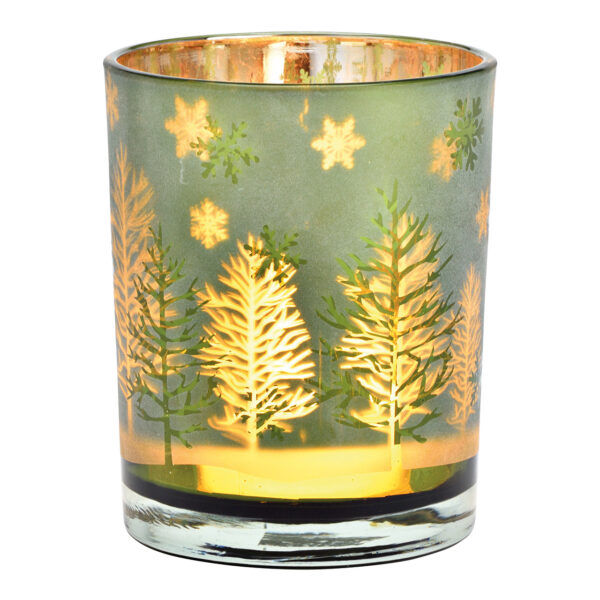 Decoración de bosque invernal con luz de viento, de cristal verde (ancho x alto x profundidad) 10 x 12 x 10 cm