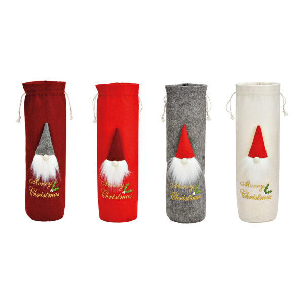 Bolsa para botellas, decoración de gnomo, Feliz Navidad, de fieltro burdeos, rojo, blanco, gris, 4 compartimentos, (ancho/alto/profundidad) 9 x 33 x 9 cm