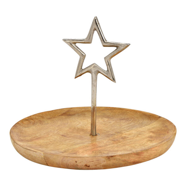 Plato, decoración de estrella de metal, fabricado en madera de mango natural (ancho/alto/profundidad) 25x22x25cm