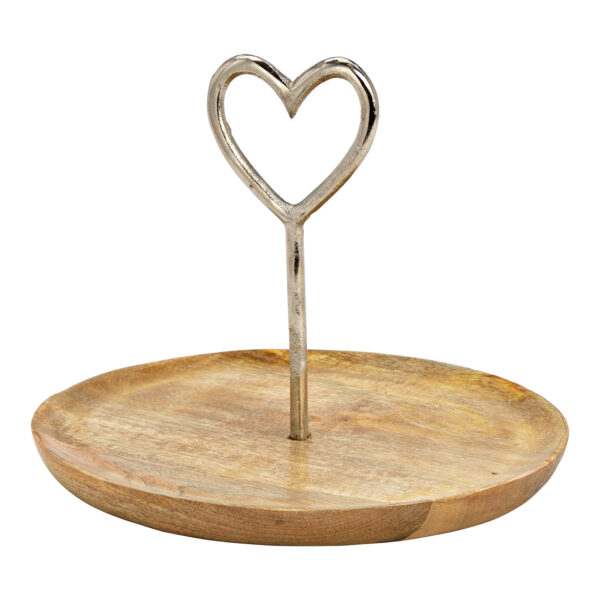 Plato de metal con decoración en forma de corazón, fabricado en madera de mango natural (ancho x alto x profundidad) 25 x 20 x 25 cm