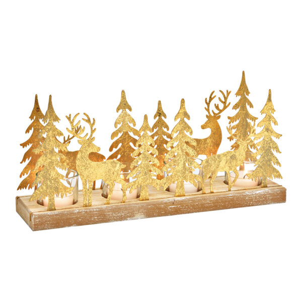 Arreglo de Adviento, portavelas de té ciervo bosque invernal de madera/metal/vidrio dorado (an./al./pr.) 33x16x9cm