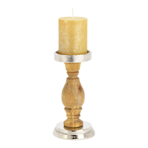 Candelabro de metal, madera de mango color plata, natural (An./Al./Pr.) 10x20x10cm