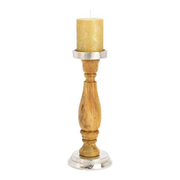 Candelabro de metal, madera de mango color plata, natural (An./Al./Pr.) 12x30x12cm