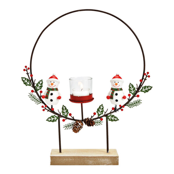 Portavelas, decoración de muñeco de nieve, hecho de madera/metal/vidrio Rojo (An./Al./Pr.) 30x34x7cm