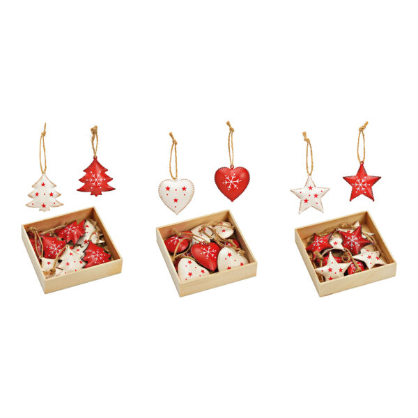 Juego de Para colgars navideñas, estrella, corazón, abeto, 5 cm, de metal rojo, blanco, juego de 8, 3 surtido, (ancho/alto/profundidad) 10 x 3 x 10 cm
