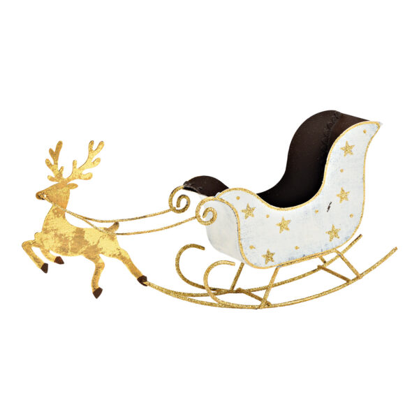 Trineo de Papá Noel de metal blanco y dorado (ancho/alto/profundidad) 28 x 13 x 6 cm