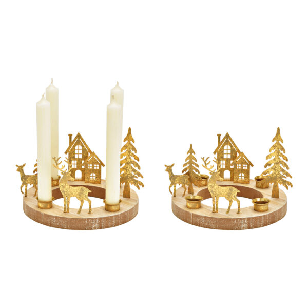 Corona de Adviento, portavelas, de madera/metal dorado (An./Al./Pr.) 19x14x19cm