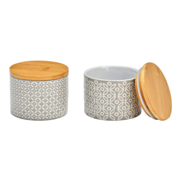 Caja de almacenamiento con tapa de bambú, decoración retro, cerámica gris, 2 compartimentos, (an./al./pr.) 9 x 7 x 9 cm, 210 ml