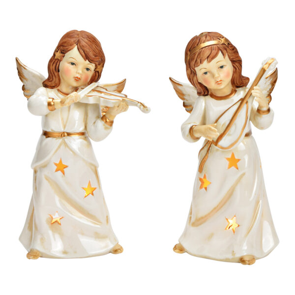 Lámpara de viento ángel con instrumento de porcelana blanca 2 piezas, (An./Al./Pr.) 11x19x9cm