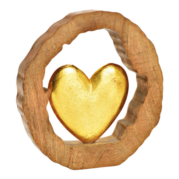 Corazón en madera de mango círculo de metal dorado (An/Al/Pr) 28x29x5cm