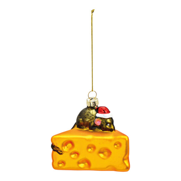 Para colgar navideña con forma de ratón sobre una esquina de queso de cristal dorado (An./Al./Pr.) 8x8x8cm