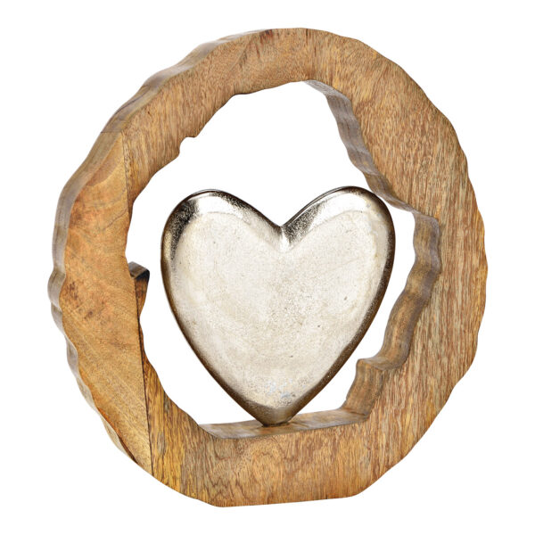 Corazón en madera de mango círculo de metal plateado (An/Al/Pr) 28x29x5cm