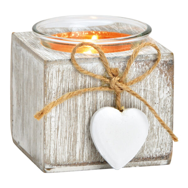 Portavelas con colgante de corazón de madera, cristal Blanco (An./Al./Pr.) 7x7x7cm