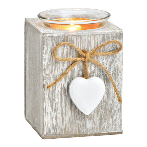 Portavelas con colgante de corazón de madera y cristal Blanco (An./Al./Pr.) 7x10x7cm
