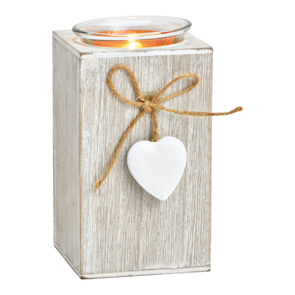 Portavelas con colgante de corazón de madera y cristal Blanco (An./Al./Pr.) 7x13x7cm