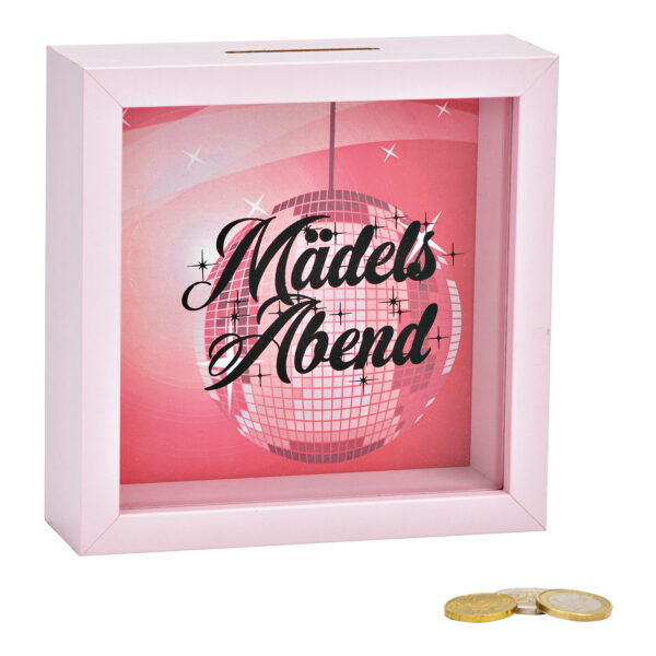 Hucha Mädelsabend de madera, cristal rosa/rosa (ancho/alto/fondo) 15x15x5cm