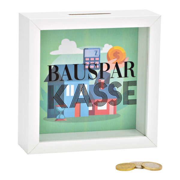 Hucha Bausparkasse de madera, cristal blanco 15x15x5cm