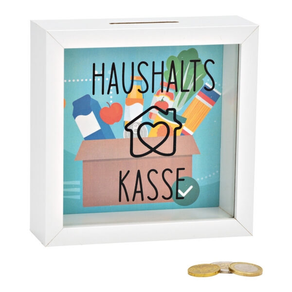 Hucha HAUSHALTSKASSE de madera, cristal blanco 15x15x5cm