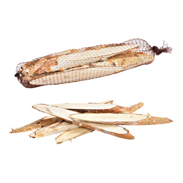 Troncos de madera de abedul de aprox. 250 g en bolsa de red (ancho/alto/profundidad) 33 x 10 x 4 cm