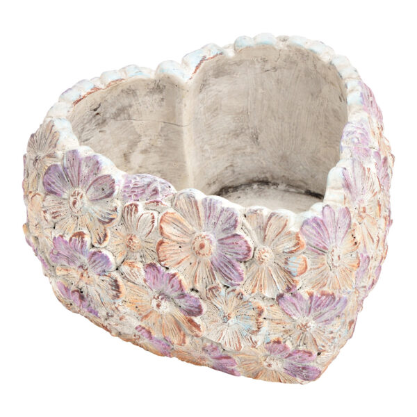 Maceta corazón, decoración flores cemento morado (An./Al./Pr.) 15x8x15cm