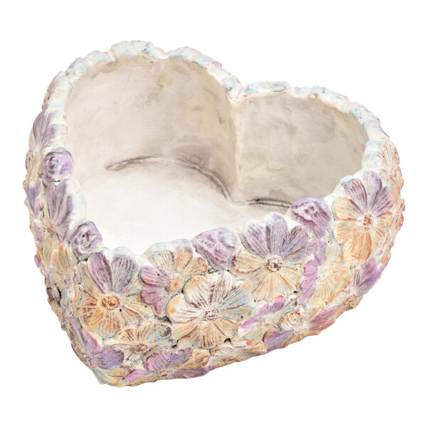 Maceta corazón, decoración flores cemento morado (An./Al./Pr.) 21x9x21cm